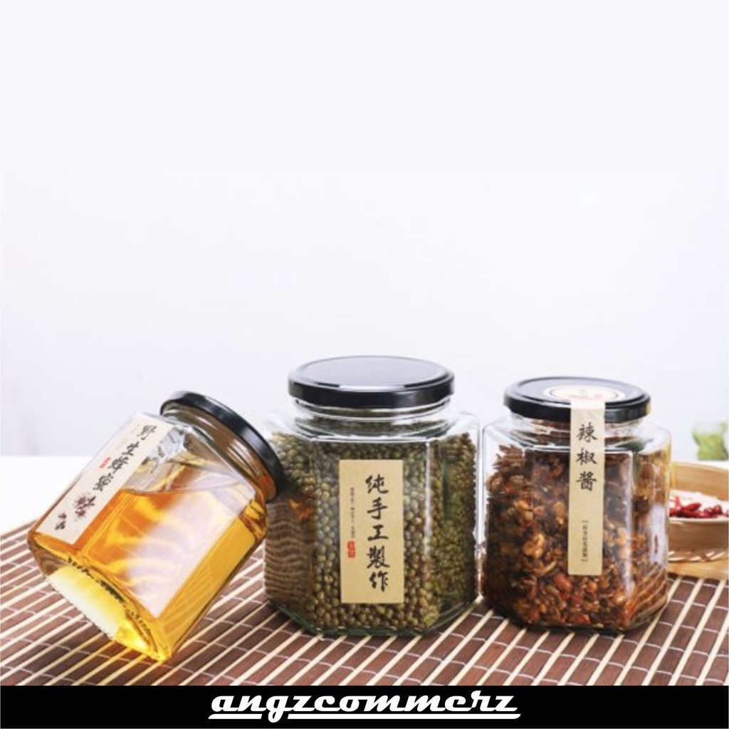 Botol Jar  Kaca Hexagonal Tutup Hitam