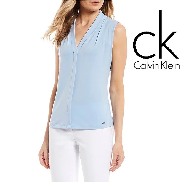 Calvin Klein Blouse Wanita Formal V-Neck Matte Jersey Shoulder Pleat Sleeveless Top