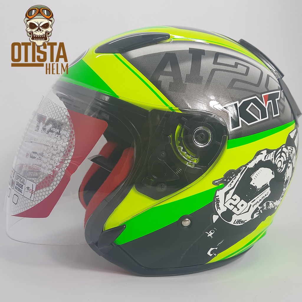 Helm Half Face Kyt Dj Maru World Gp Yellow Green Flo Kuning Hijau