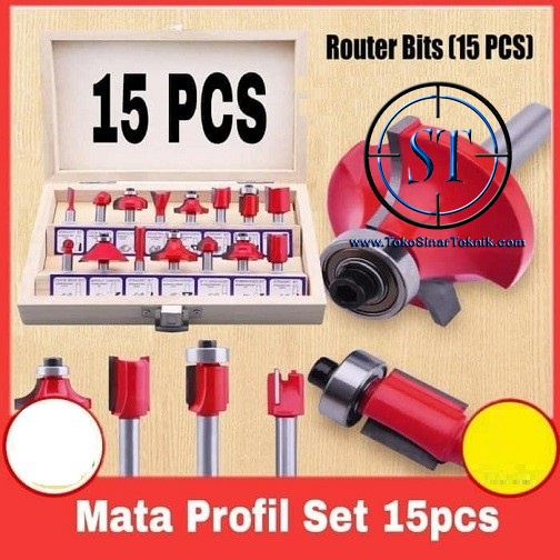 Router Bit Set 15 Pcs - Mata Profil Shank 8mm - Mata Trimmer Kayu Tools Komplit Wood Cutters Carbide + Box