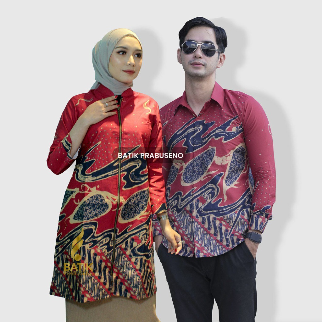 Batik Pria Wanita Motif ANGGITA MERAH  Cauple  Printing Slimfit Lengan Panjang Original Kemeja Atasa