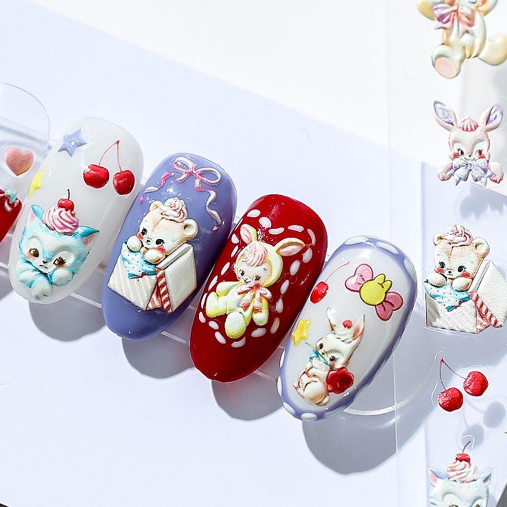 AUGUSTINA Agustina Kartun Stiker Kuku 3D Relief Tipis Tangguh Kucing Kelinci Beruang DIY Dekorasi Nail Art