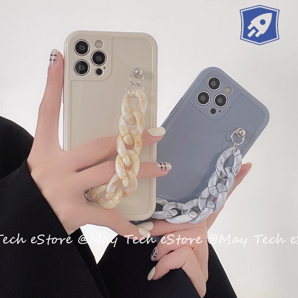 Casing iPhone Putih Beige / Biru / Coklat Coffee Transparan dengan Hand Grip Rantai iPhone X XS XR XSMAX 11 12 13 PRO PROMAX