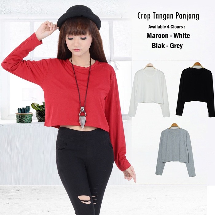 Michellestore Kaos Wanita Crop Top Polos Long Sleeve - Hitam