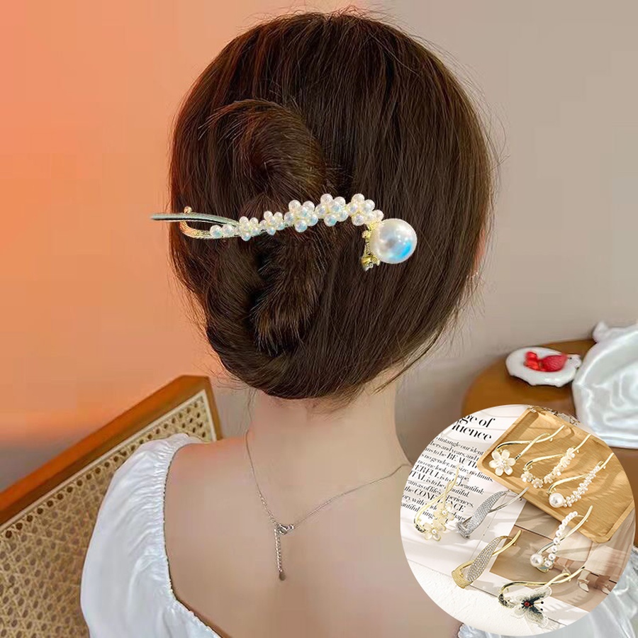 Jepit Rambut Ponytail Desain Bunga Aksen Mutiara Dan Berlian Imitasi Bahan Metal Gaya Korea Untuk Wanita