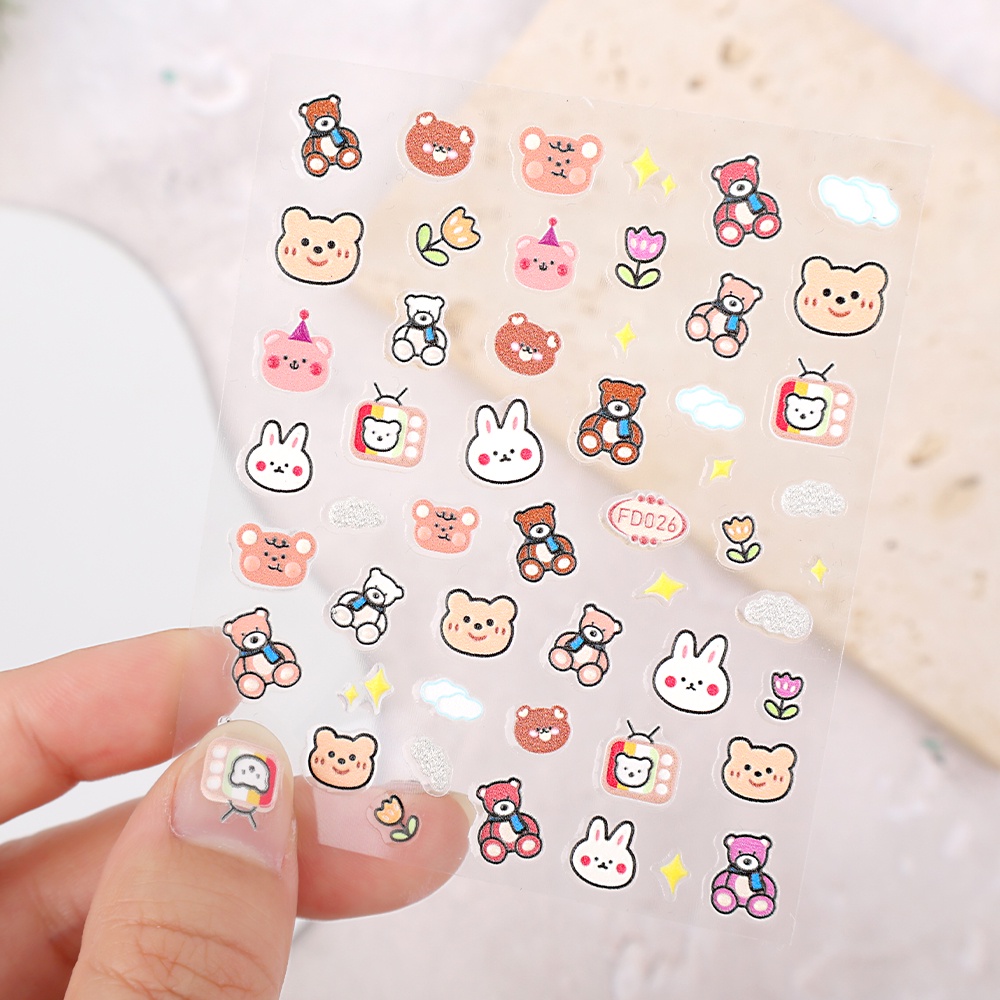 Stiker Kuku 3D Motif Beruang Timbul 5D Untuk Nail Art