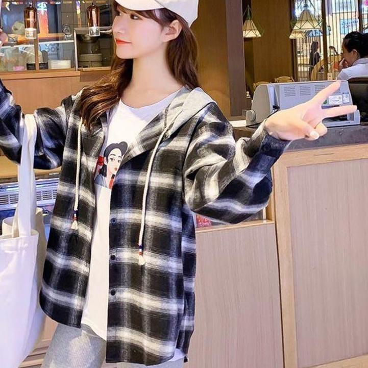 Siap Kirim.. Newlan CS010  CS010 Jaket Wanita Hoodie/Blouse PIONY Hoodie Topi/ Kemeja Hoodie Kotak-K
