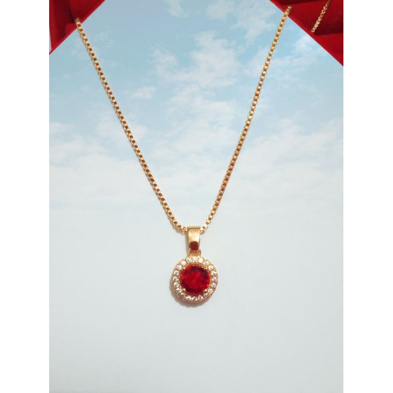 kalung xuping wanita berlapis emas dengan permata merah bermata zircon 45cm L88.