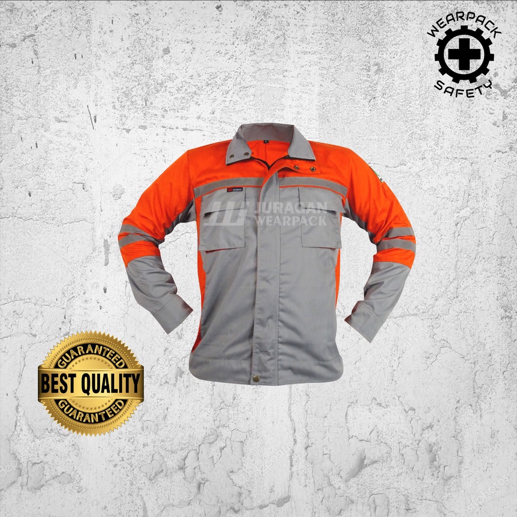 Wearpack Kerja/Baju Safety Lengan Panjang Warna Orange Kombinasi Abu-abu