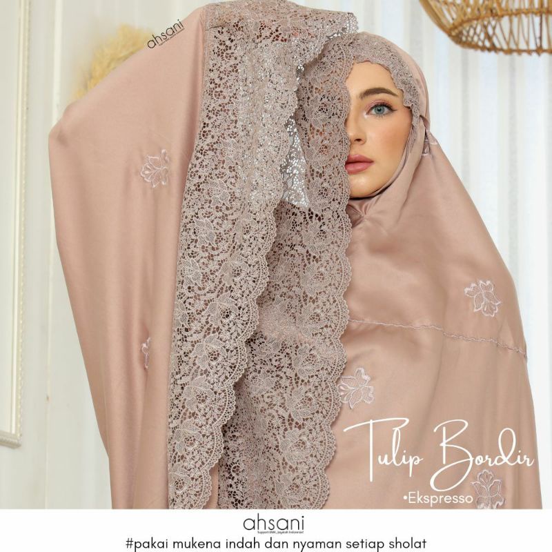 AHSANI MUKENA TULIP BORDIR MUKENA SUTRA ORI CANTIK WARNA EKPRESSO MUKENA TULIP BORDIR MANUAL SUTRA O