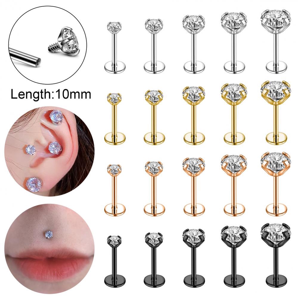 1 PC Anting Stud Tindik Bibir Labret Kristal Bahan Stainless Steel Ukuran 10mm 2 / 3 / 4 / 5 / 6mm 18G / 16G Helix Medusa