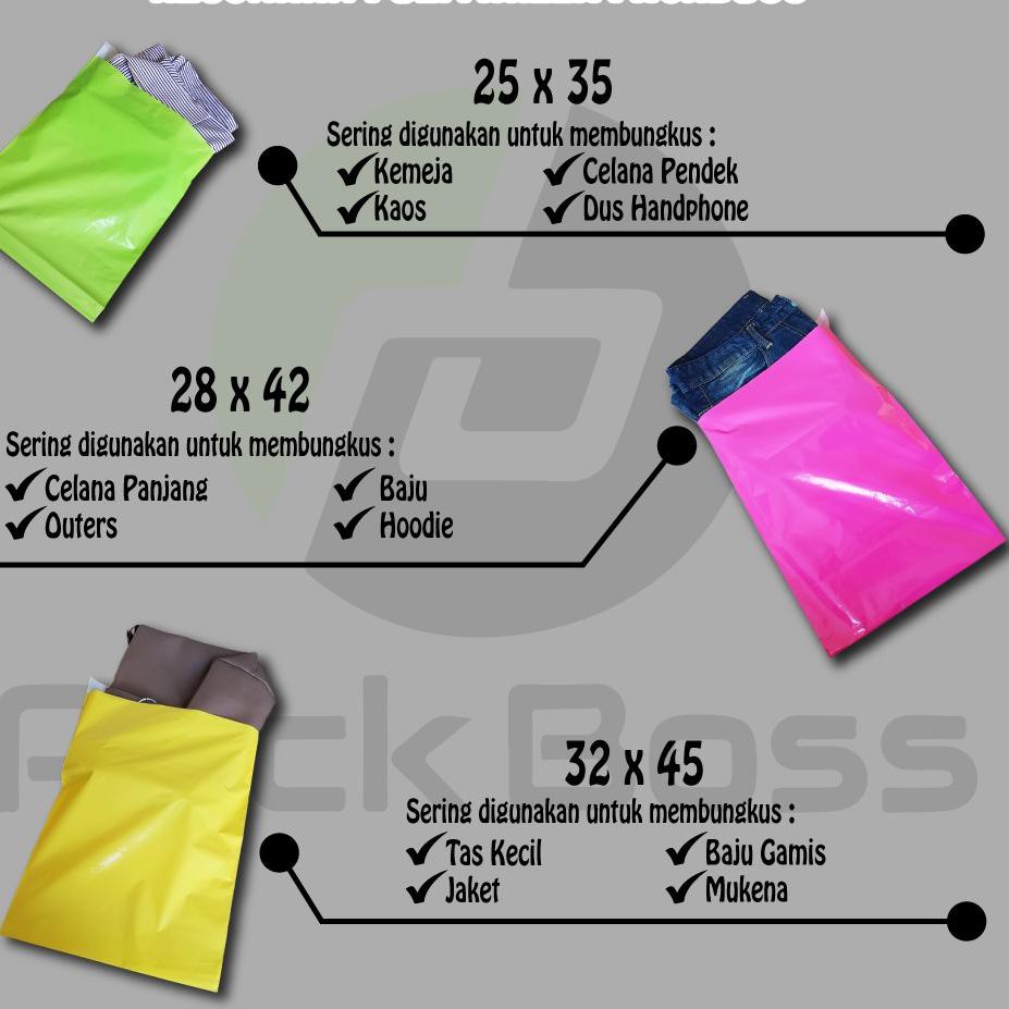 

R67O POLYMAILER PACKBOSS 28x42 ISI ±100 LEMBAR TEBAL, KUALITAS BOSS , TER !!