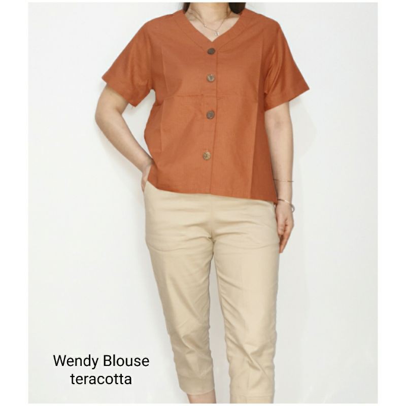 Atasan Blouse Wanita Lengan Pendek Polos Bahan Katun, Wendy Blouse#-Wendy Teracotta