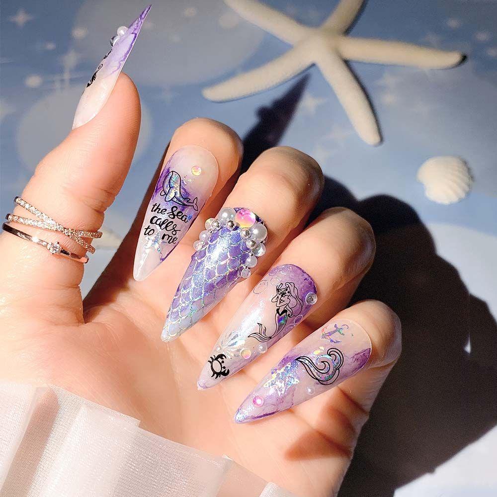 Mxbeauty Kartun Stiker Kuku 3D Musim Panas DIY Dekorasi Kuku Manicure Daun Mermaid Tanaman Nail Decal