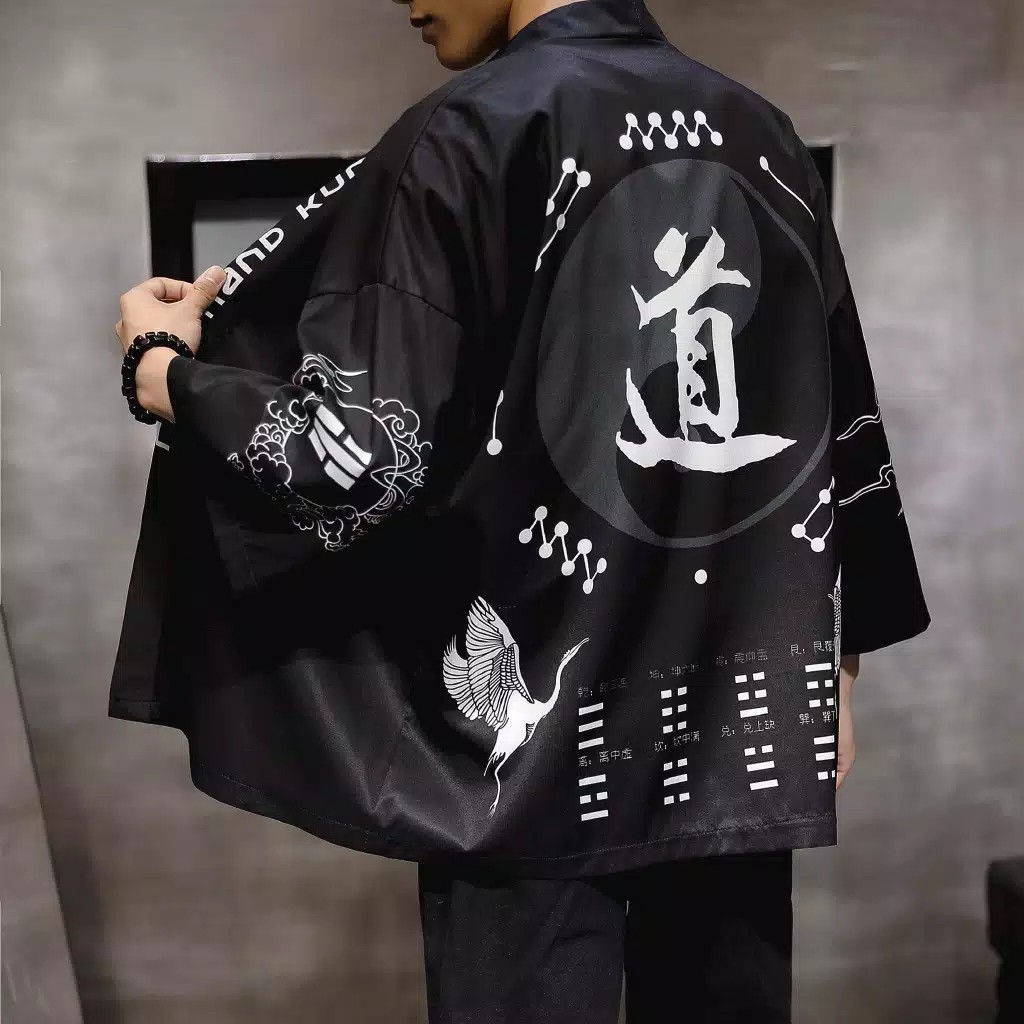 baju HAORI KIMONO JEPANG BLACK KANJI / JAPANESE KIMONO / KIMONO CARDIGAN kimono pria