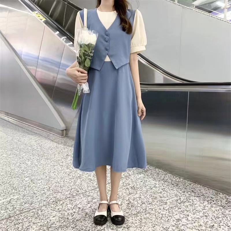 dress korea style/ baru Dress Korea Hitam / Gaun Biru Korea