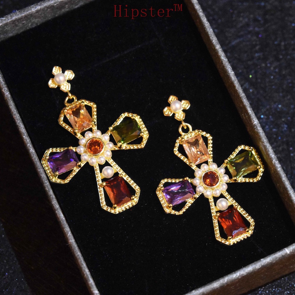 New Fashion Personalized Color Diamond Cross Stud Earrings