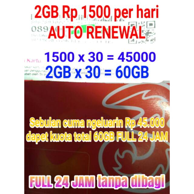 Kartu 3 (Tri / Three) sakti Paketan 2G Rp 1500 Per hari auto renewal