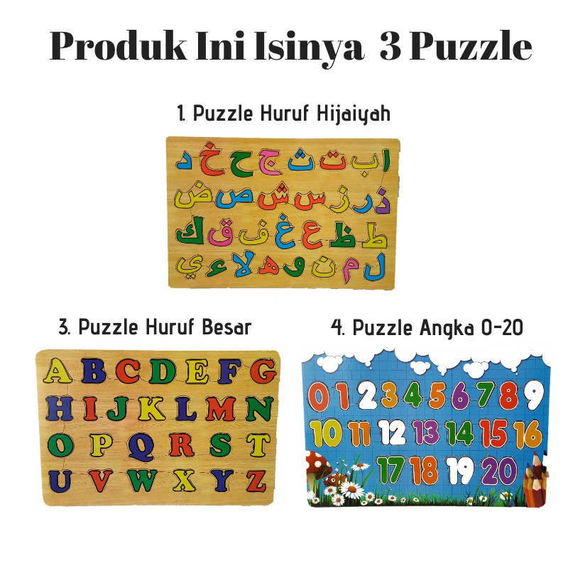 Rapid Toys Isi 3 Pcs / Paket Puzzle Kayu Edukasi Kualitas SNI / Huruf Hijaiyah Huruf Besar Dan Angka