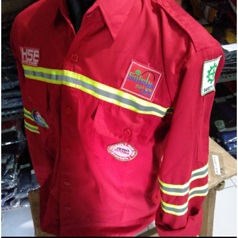 SERAGAM SAFETY MERAH HSE KANCING SCOTLIGHT HIJAU 2.5CM