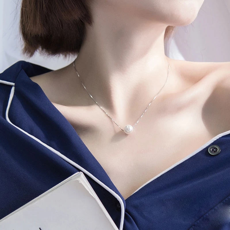 [ Women Fashion  Sliver Chain  White Pearl Pendant Necklace  ] [ Girlfriends Gifts Jewelry Accessories ]