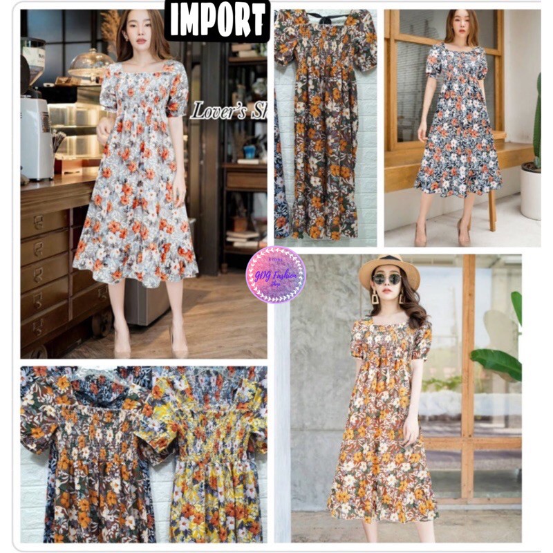 Pakaian Dress Terusan Casual Dress Smoke Kerut Dada Katun Import Wanita Full Motif Perempuan G2112-4