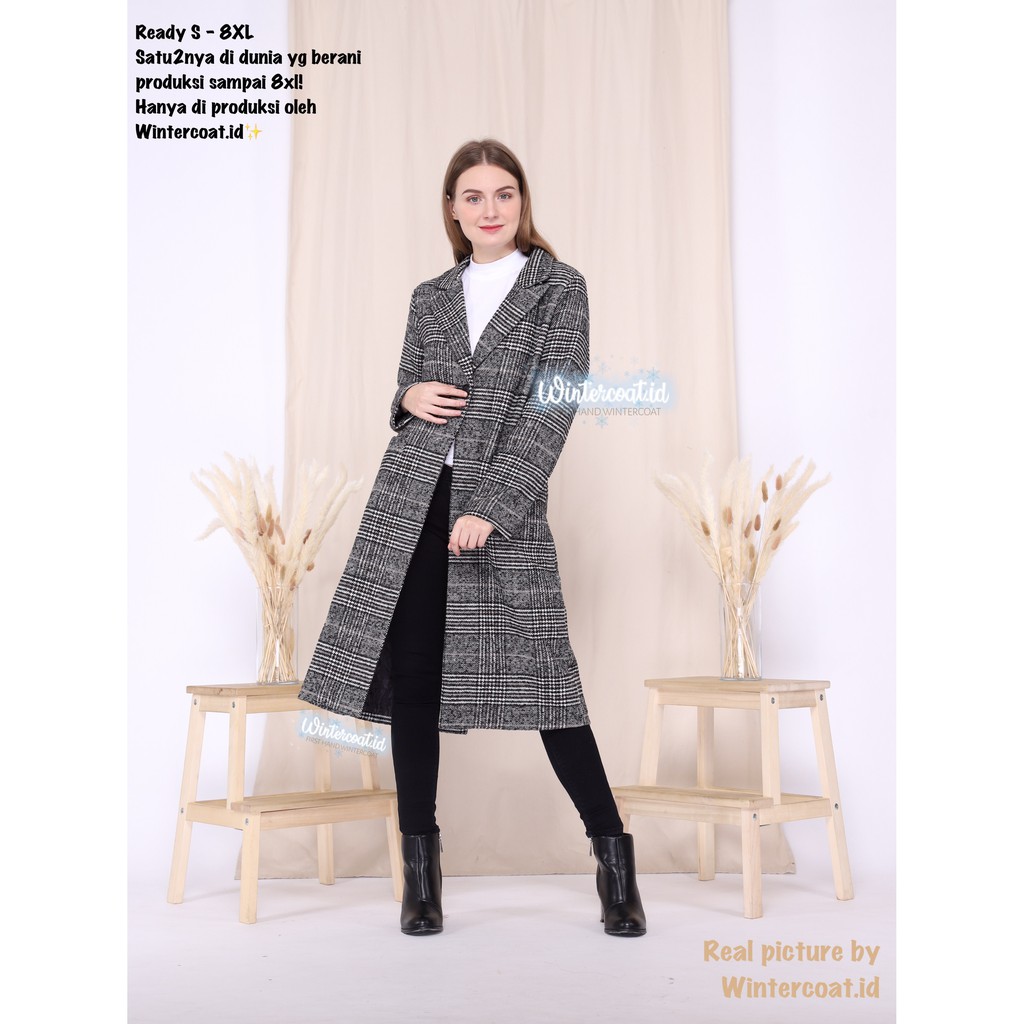 S-8XL Long wool coat wanita jaket winter cewek jumbo plaid mantel women panjang korea big size