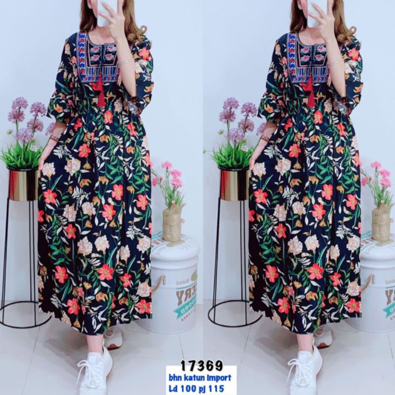 Long dress Motif Bunga Dress Panjang Import kembang bordir