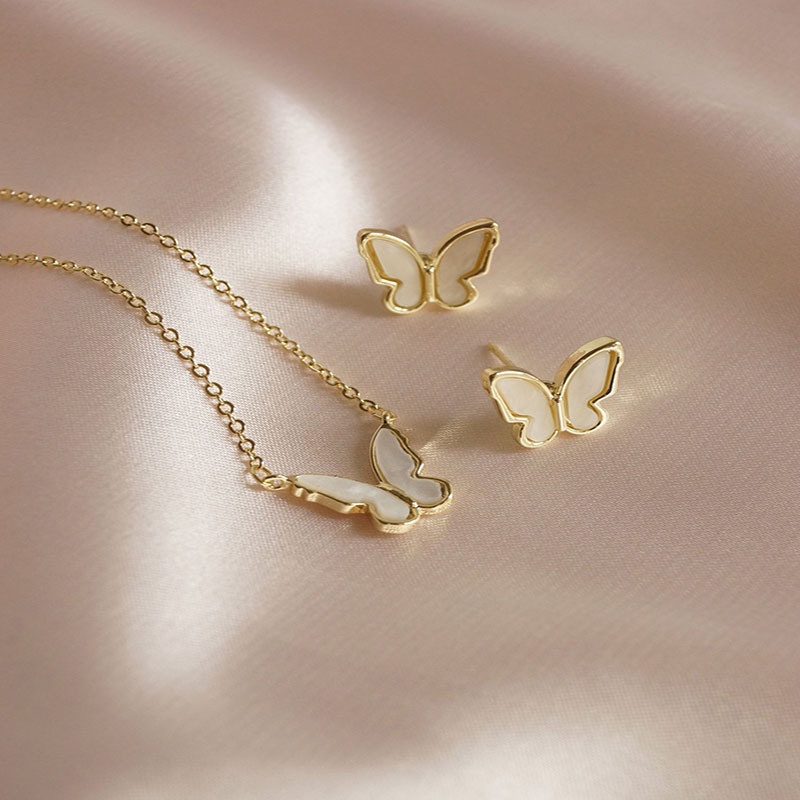 Korea Ins Style Elegant Cute White Butterfly Shape Earrings Necklace Pendant