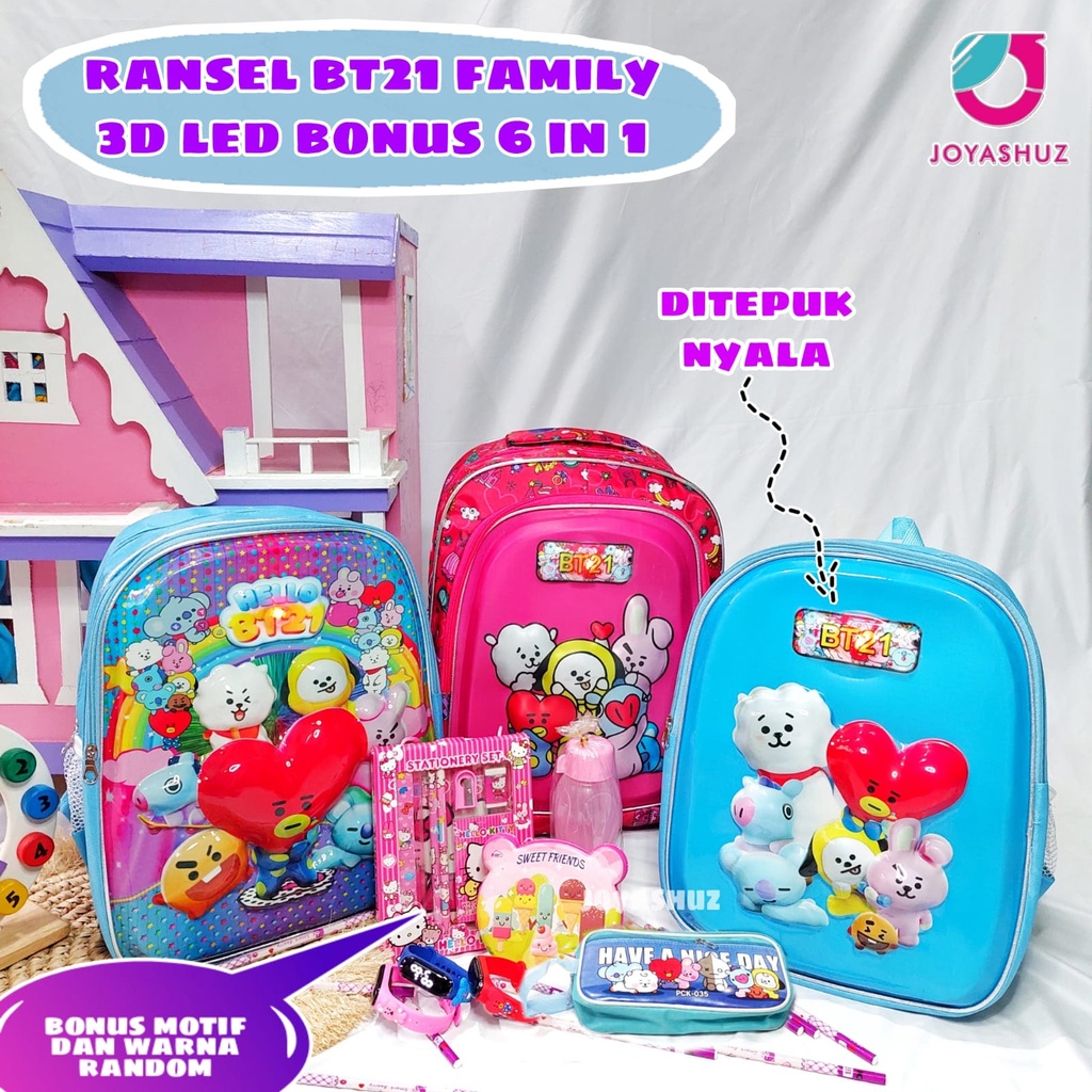 Tas Anak Perempuan Karakter Timbul - Ransel Anak SD - Tas Anak Perempuan Gratis Botol - Tas 3 Dimensi - Ransel LED Nyala - Joyashuz