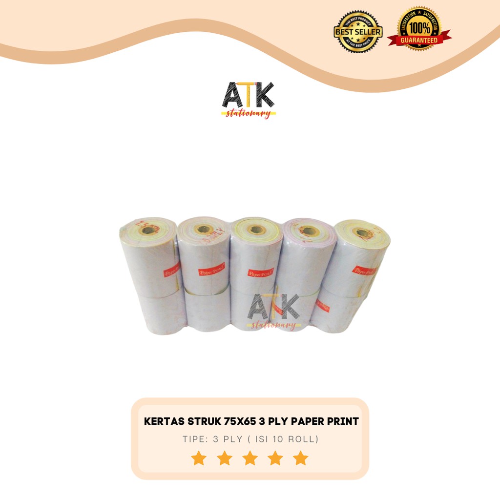 

Kertas Struk Kasir /Kas Register 75X65 (3PLY) Paper Print 1 Pack ( 10 Roll) atk