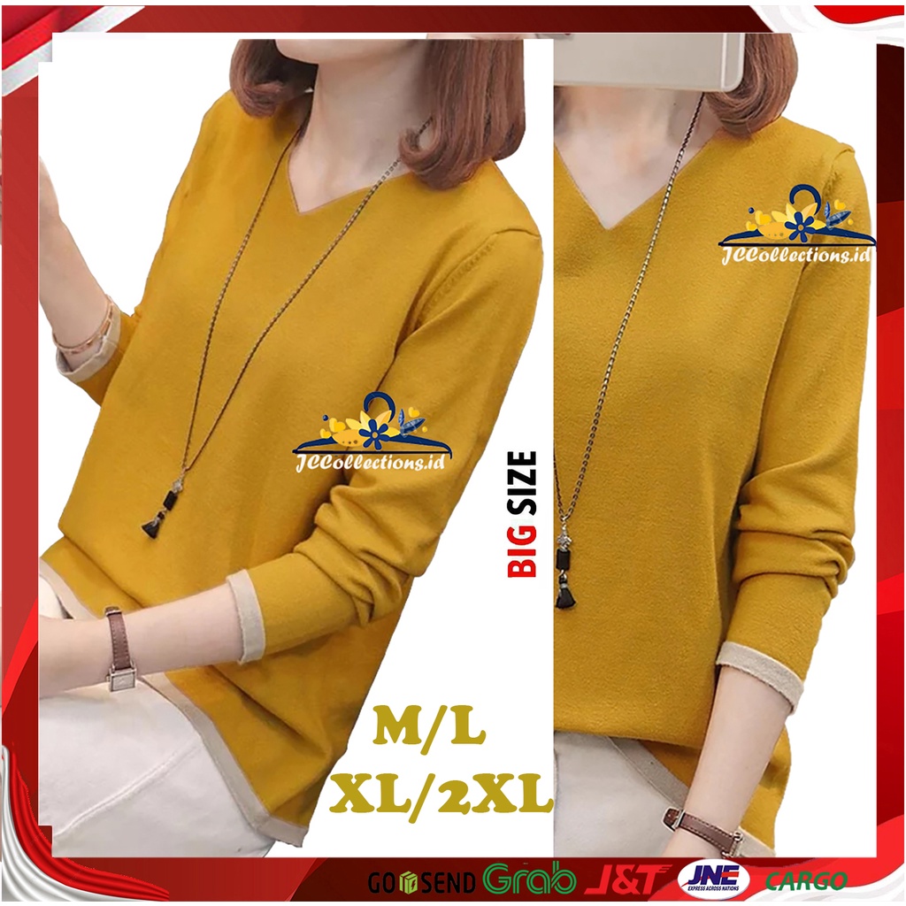 Sweater Rajut Wanita Oversize VNeck Lengan Panjang Gaya Korea Finny 01 - JCCollections