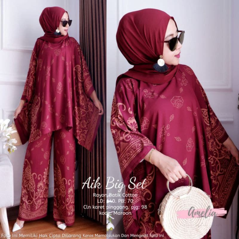 Aik Big Set - One Set Wanita Rayon Premium Setelan Rayon Premium Lengan Panjang Set Bigsize LD 135 cm