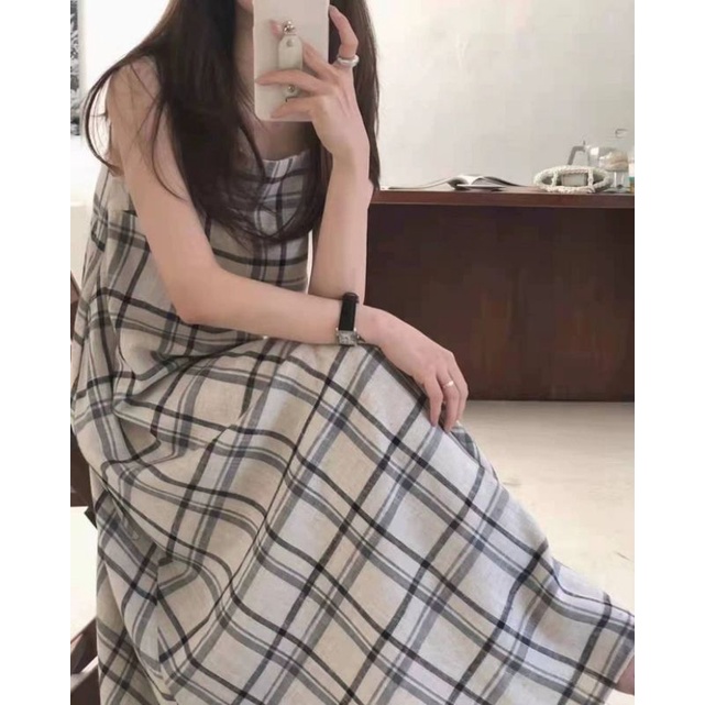 MDLV ~ 0290# Cadenza Plaid Camisole Dress Maxi Kotak Korea Import