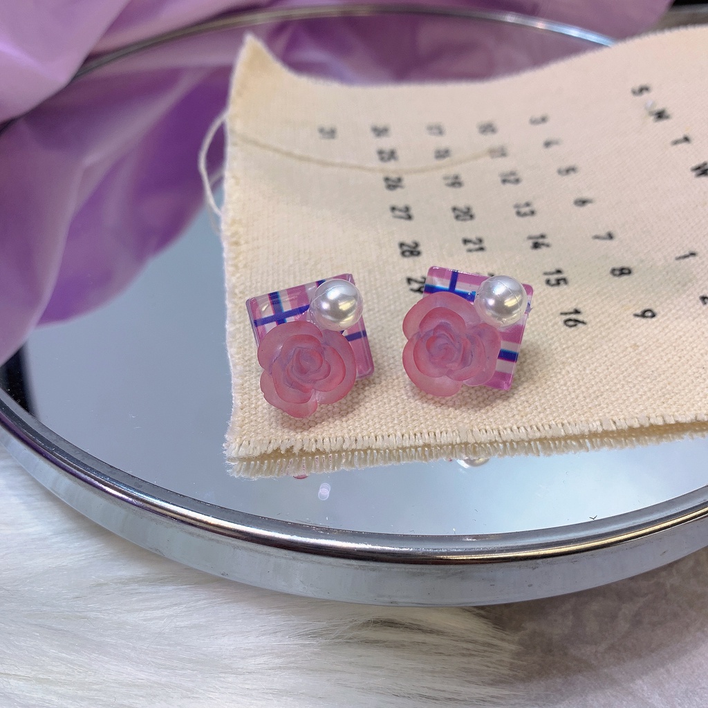 Anting Tusuk Gantung Wanita Desain Geometri Kotak-Kotak Ungu Gaya Musim Semi / Panas