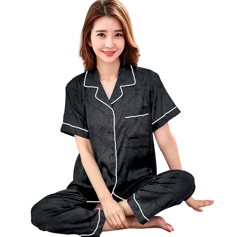 piyama embos wanita/piyama katun polos/baju tidur setelan/setelan kekinian-Cp embos lis hitam