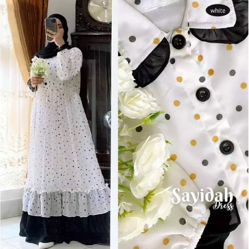 Sayidah Dress Muslim Ceruty Babydool Full Furing Polkadot Gamis Muslimah Kekinian 2021-3