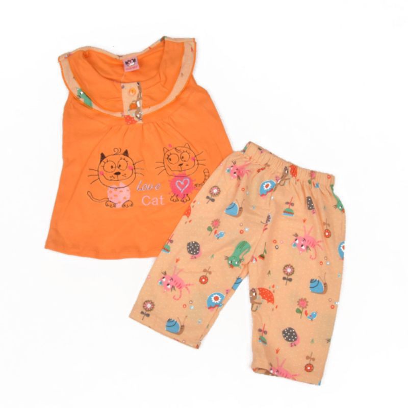 Setelan baju anak perempuan 1 tahun motif love cat (sr.146) free tas warna orange fanta pink