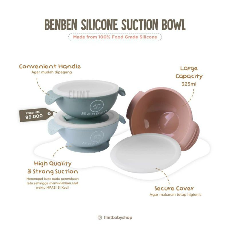 BENBEN silicone suction bowl kids pink blue import dengan lid multifungsi mangkok baby