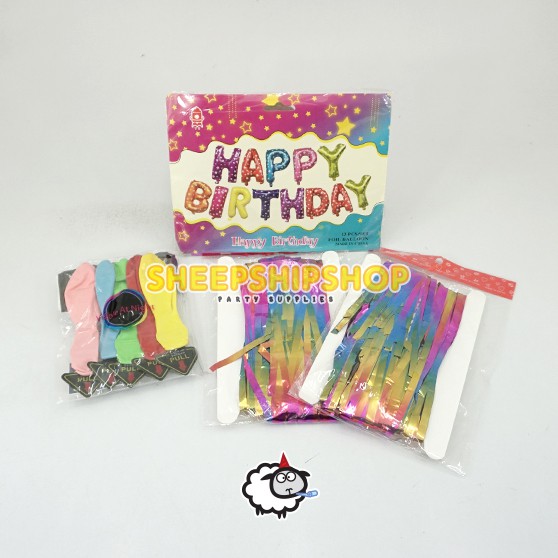 PAKET BALON WARNA WARNI 1 Set Huruf Happy Birthday Balon Led Warna Warni Backdrop Rumbai Metalik