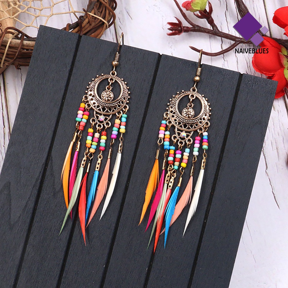 Anting Kait Gantung Desain Lingkaran Hollow Aksen Bulu Gaya Boho Untuk Wanita