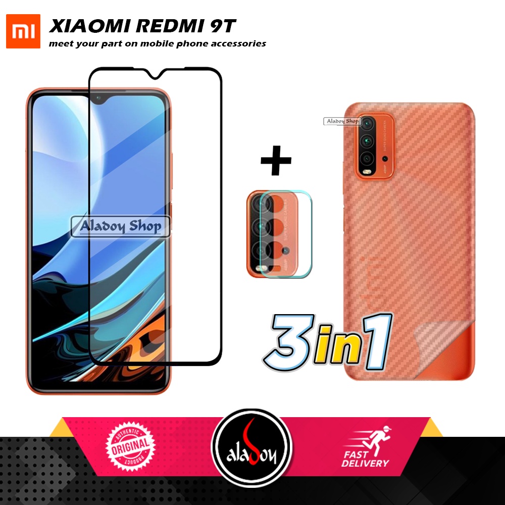 Tempered Glass Xiaomi Redmi 9T PAKET 3 IN 1 Tempered Glass Layar +Tempered Glass Camera dan Skin Carbon 3D