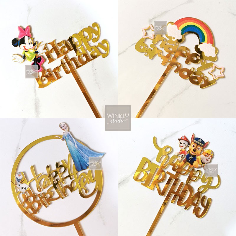 Acrylic Cake Topper Happy Birthday / Toper Kue Tart Ultah KARAKTER Frozen Minnie Mouse Paw Patrol