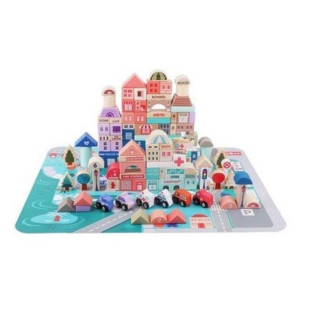 Mainan balok kayu magic color city building block 115 pcs