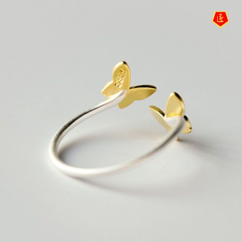 [Ready Stock]Korean-Style Simple Golden Double Butterfly Silver Ring