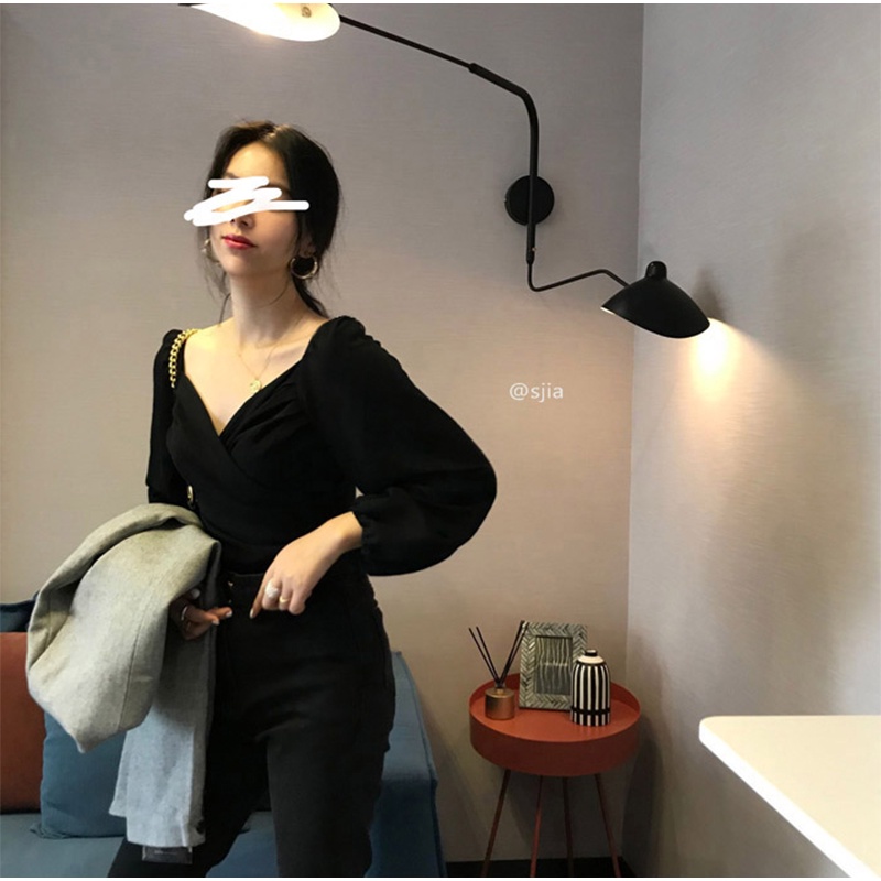kemeja beludru wanita lengan panjang hitam Korean retro style Crop blouse Shirt