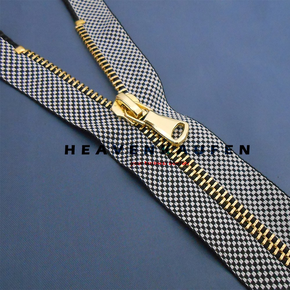 Resleting Zipper 25 cm Motif Kain Kotak Catur Hitam - Putih Gigi Besi Gold Emas Kode B