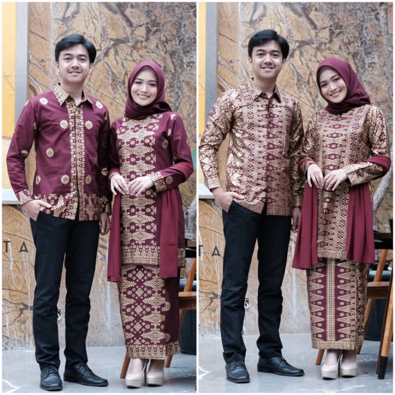 COUPLE KEBAYA BATIK SONGKET ASAHANTY MAROON (FREE HIJAB)