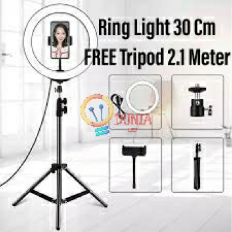 PAKET KOMPLIT RINGLIGHT 30CM + TRIPOD 2,1 METER MAKE UP VLOG LAMPU RINGLIGHT