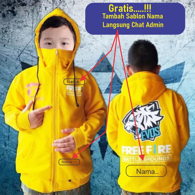 NEW MODEL JAKET FREE FIRE ANAK LAKI LAKI MASKER NINJA USIA 7 - 14 tahun GRATIS TAMBAH SABLON NAMA